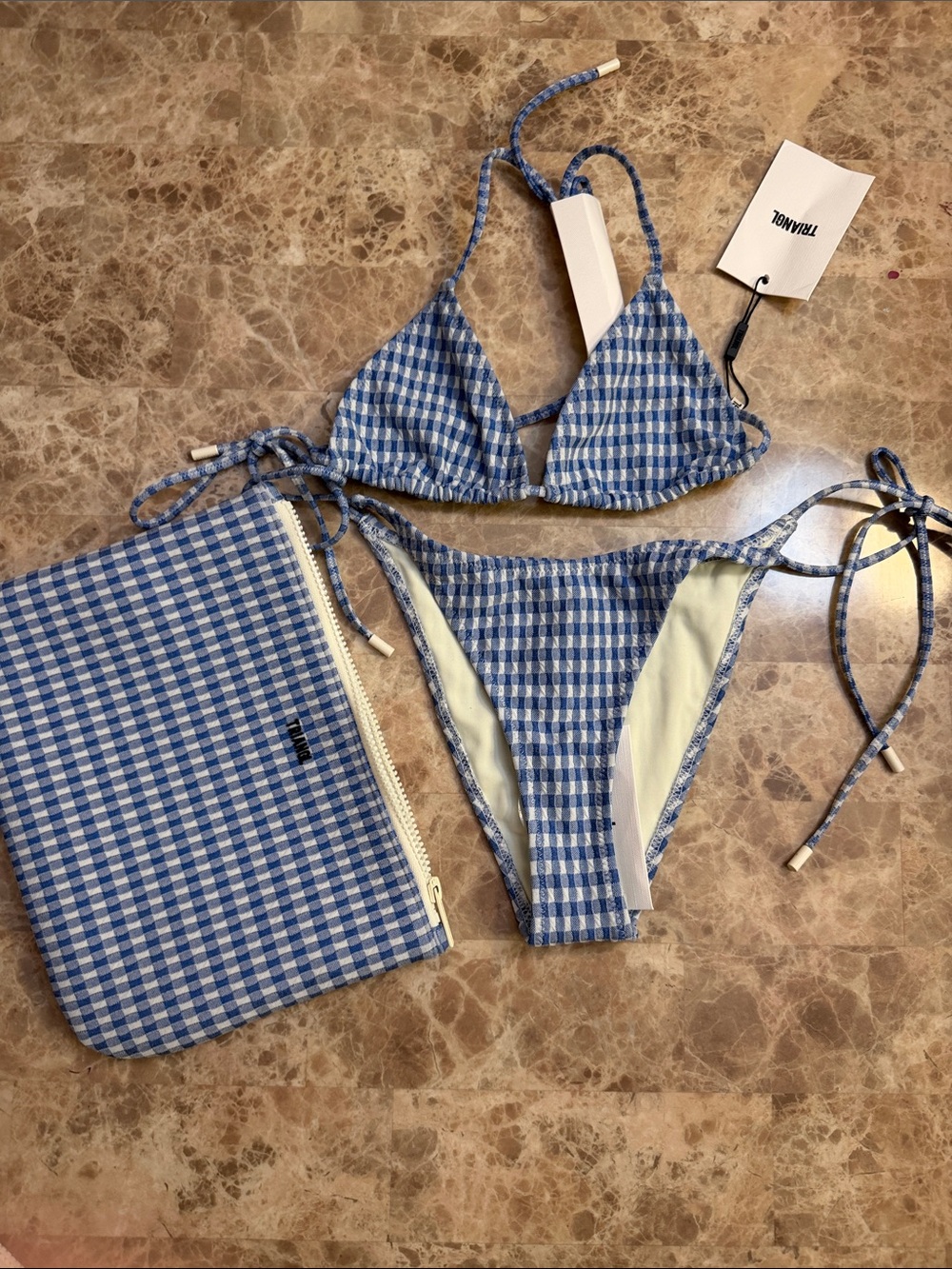 triangl swimwear Blue & White Gingham String Bikini with Pouch